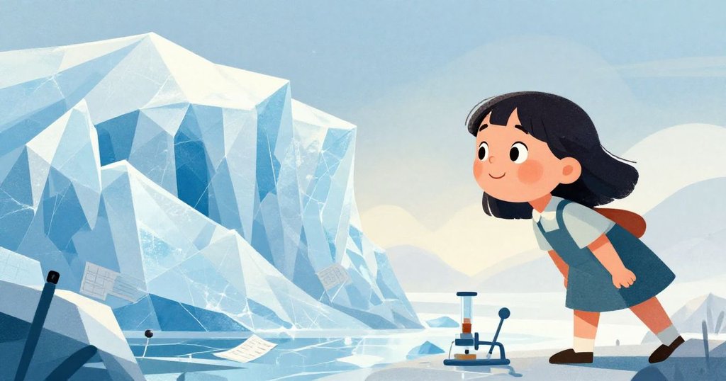 Girl gazing at massive glacier in the Arctic - watercolor opening scene