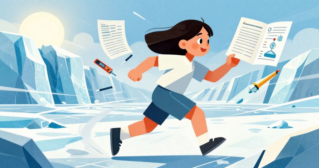 Girl running excitedly near the glacier while collecting data - dynamic illustration