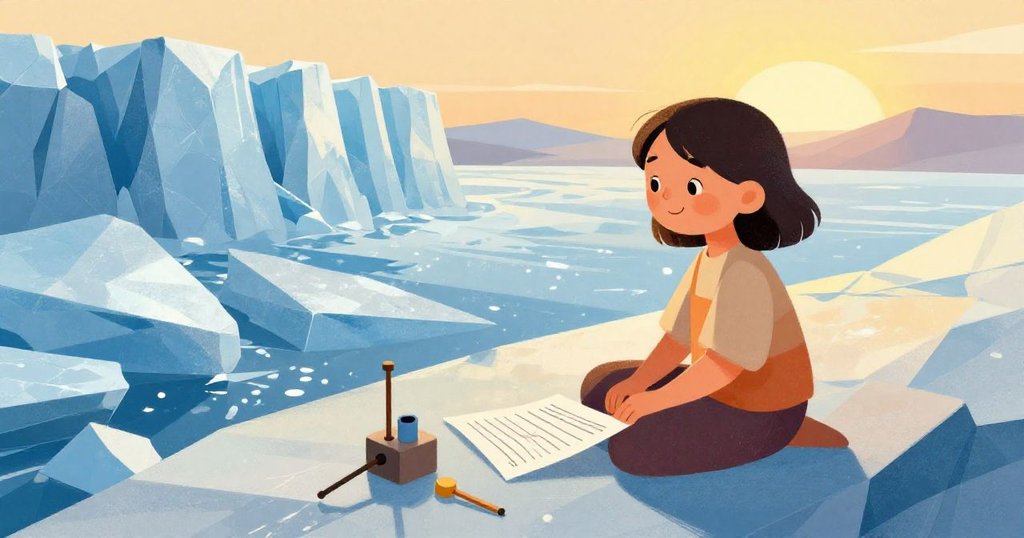 Girl sitting peacefully near the glacier, inspired by its beauty - warm closing scene