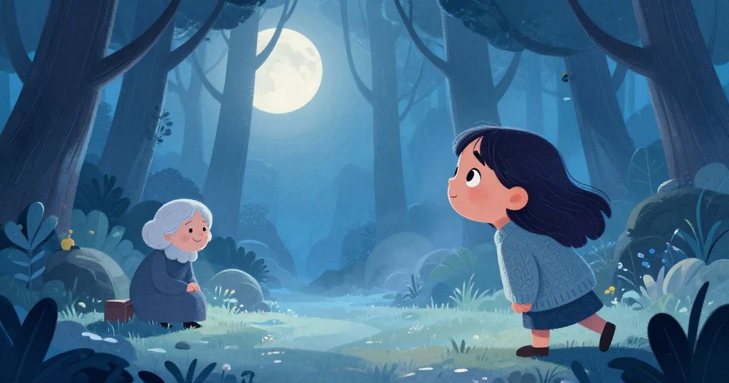 Girl exploring the enchanted forest under moonlight - watercolor opening scene