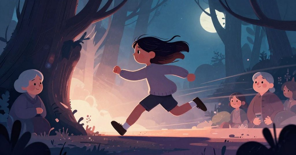 Girl stepping forward to meet the old woman in the forest - dynamic illustration