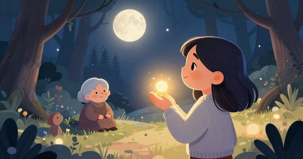 Girl standing in awe in the enchanted forest after the encounter - warm closing scene