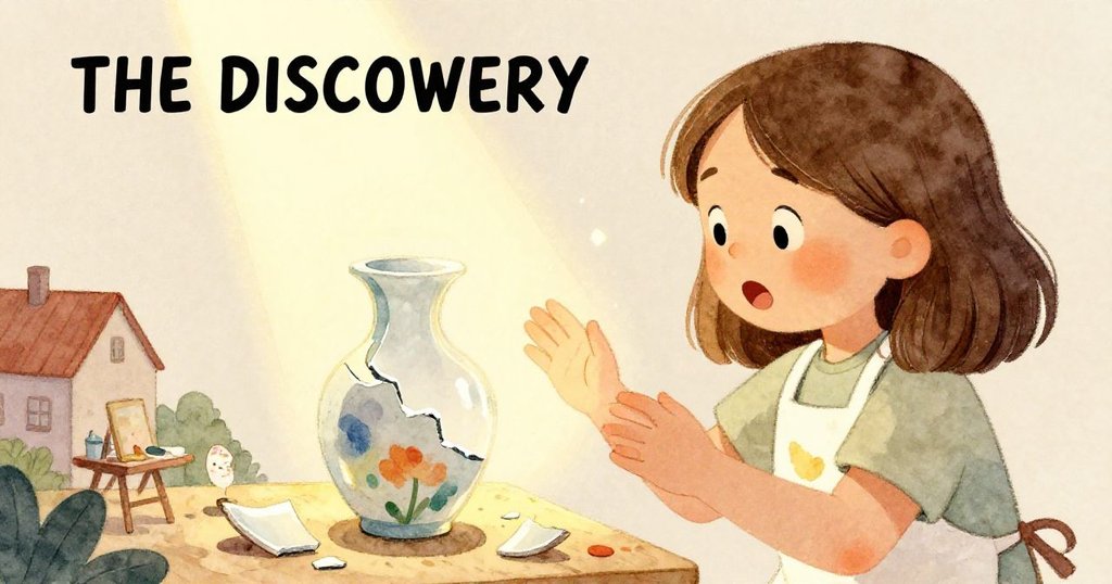 Girl inspecting colorful shards of a broken vase - close-up discovery