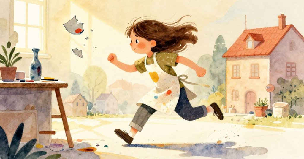 Girl creating a stunning collage with vase shards - dynamic watercolor illustration