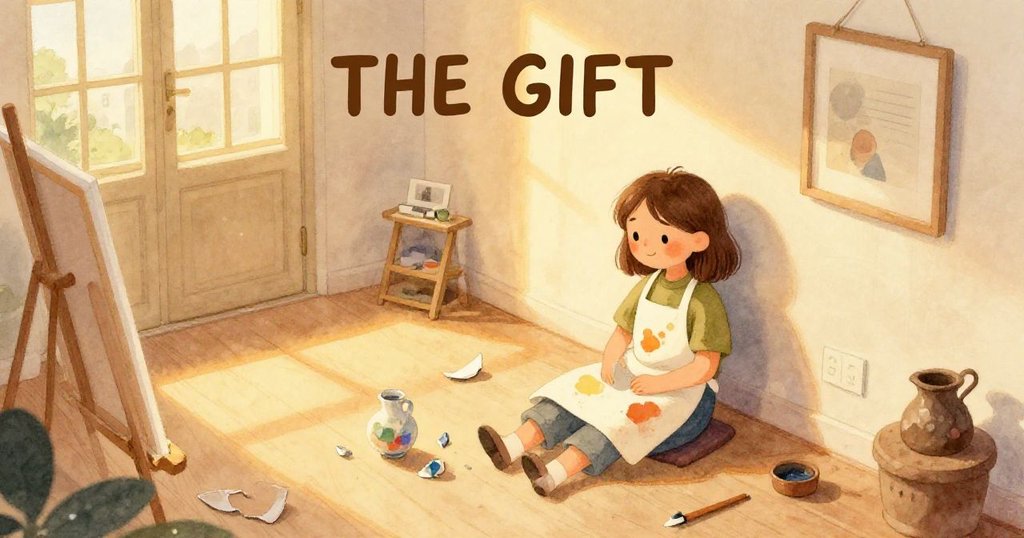 Girl relaxing next to her artwork at the gallery opening - warm closing scene