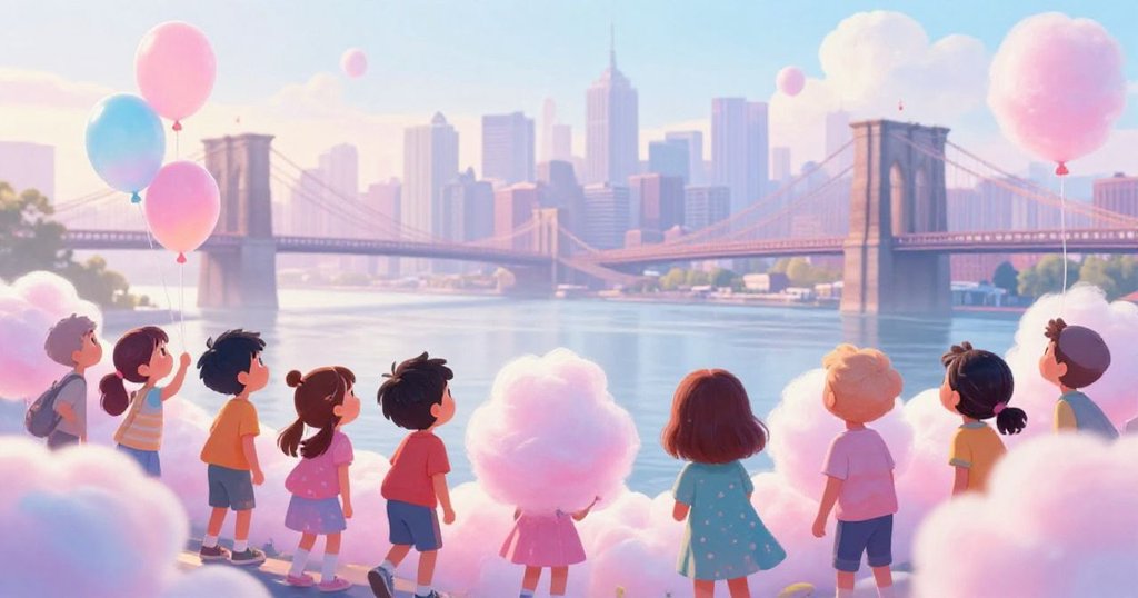Children gazing at the vibrant city skyline - watercolor opening scene