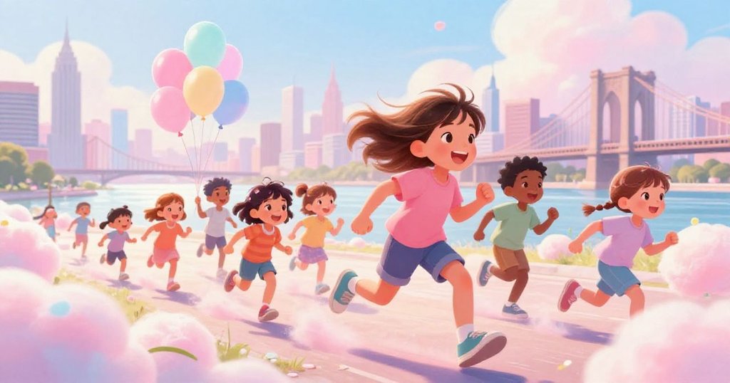 Children running and laughing near the city skyline - dynamic watercolor illustration