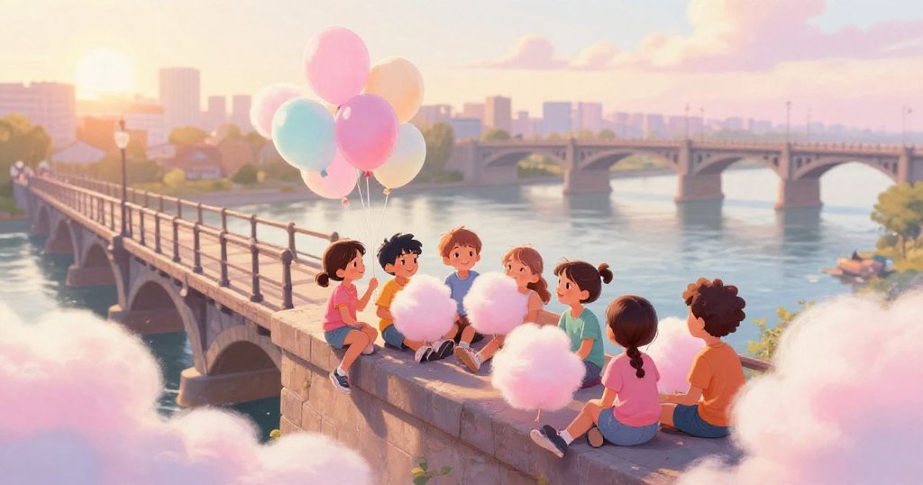 Children sitting together on the old bridge enjoying the view - warm closing scene