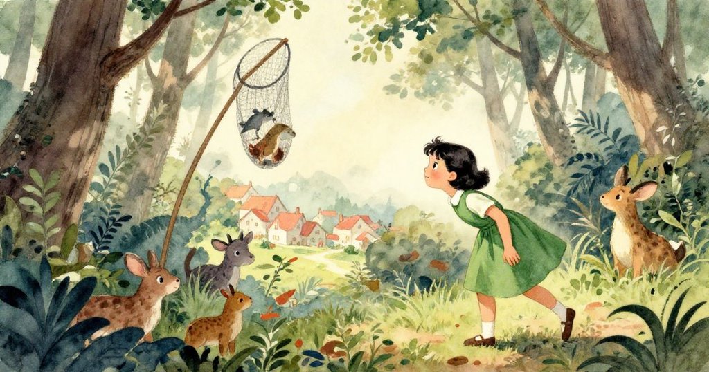 Girl gazing at vibrant forest and village - watercolor opening scene