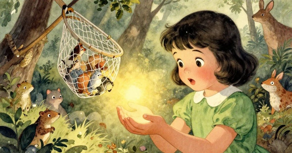 Girl examining poacher's net with trapped animals - close-up discovery