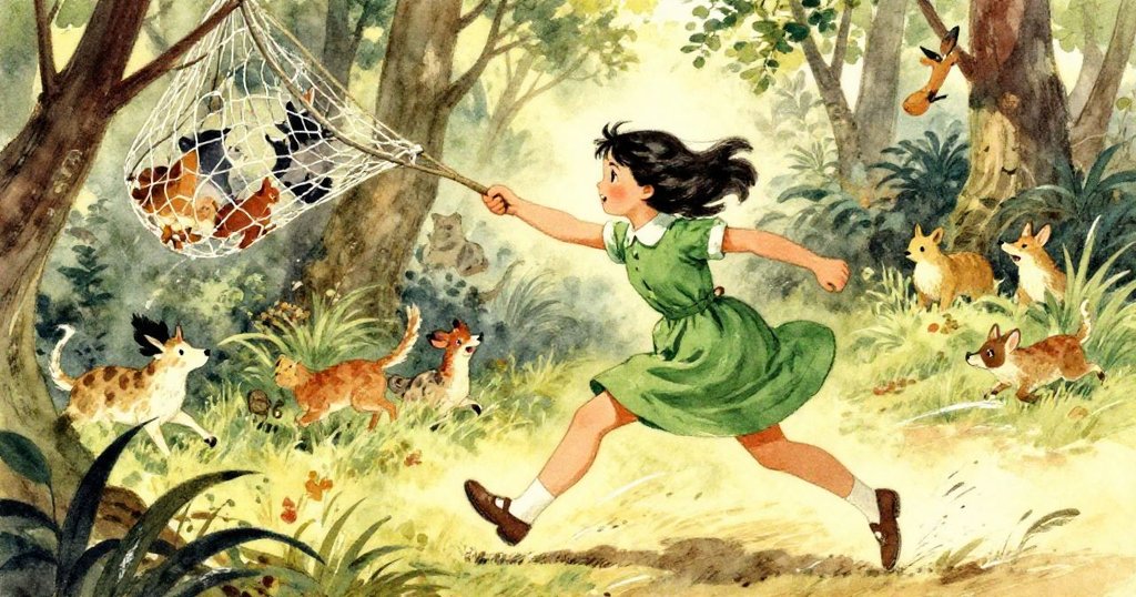 Girl running to free trapped animals in lush forest - dynamic watercolor illustration