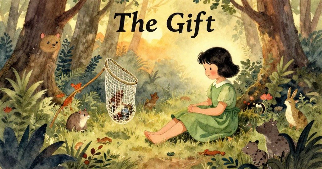 Girl sitting peacefully in lush forest surrounded by wildlife - warm closing scene