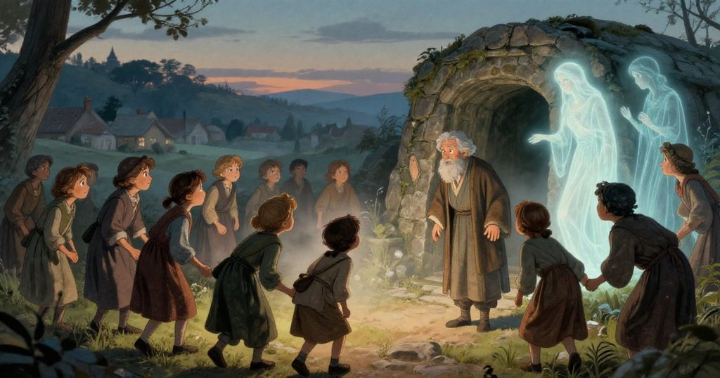 Villagers gathering around ancient tomb in twilight - watercolor opening scene