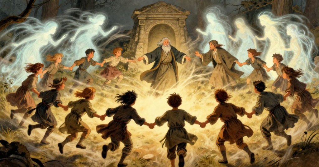 Villagers holding hands in a circle around the tomb - dynamic watercolor illustration