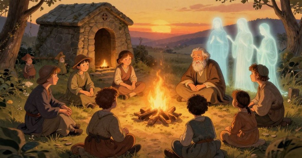 Villagers sitting near flickering flame by the tomb - warm closing scene