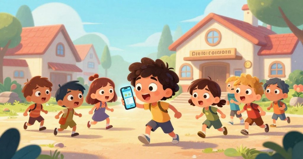 Group of young innovators discussing technology outside community center - playful cartoon opening scene