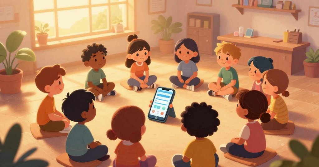 Innovators sitting together, reflecting on success inside community center - warm closing scene