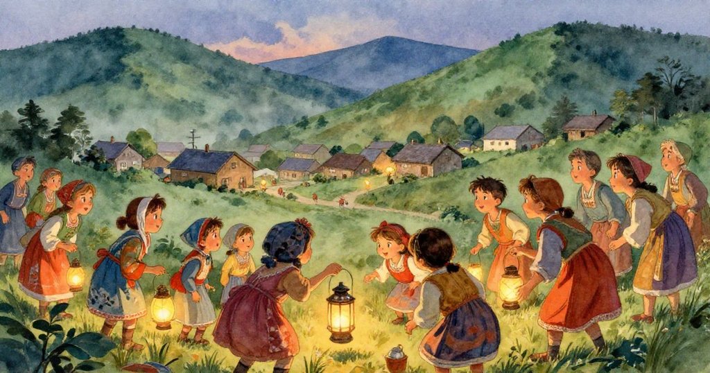 Villagers gathering in small village at dusk - watercolor opening scene