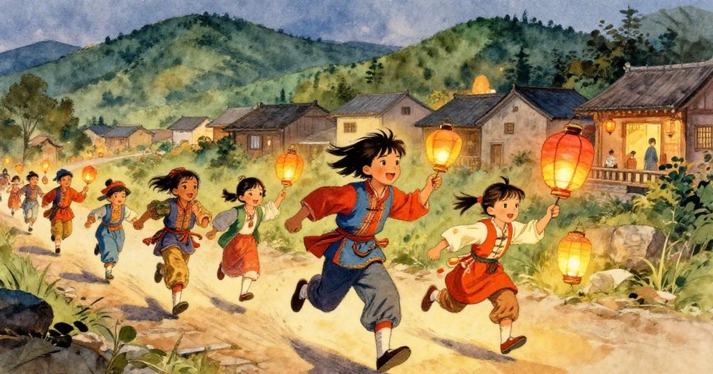 Children running joyfully with lanterns in village - dynamic watercolor illustration