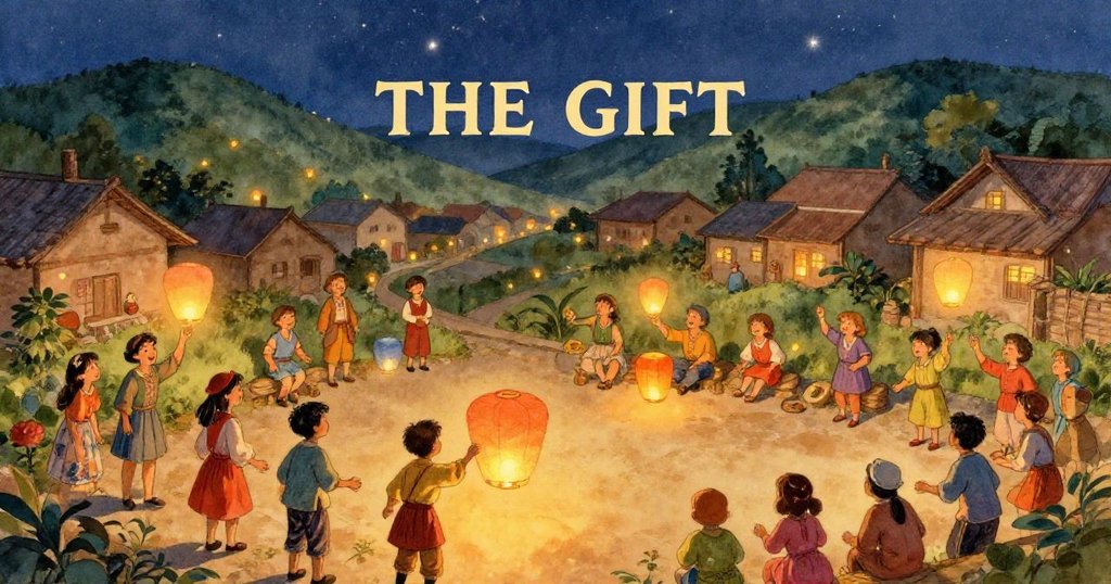 Villagers releasing glowing lanterns into the night sky - warm closing scene