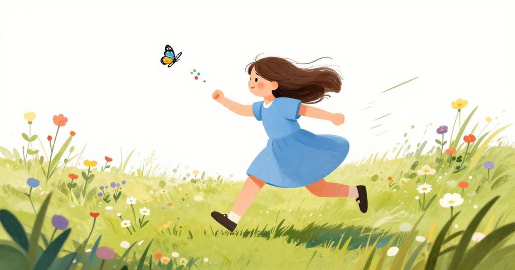 Main_Character butterflies flying in colorful wildflowers in the background - minimalist action scene from The Symphony of the Meadow