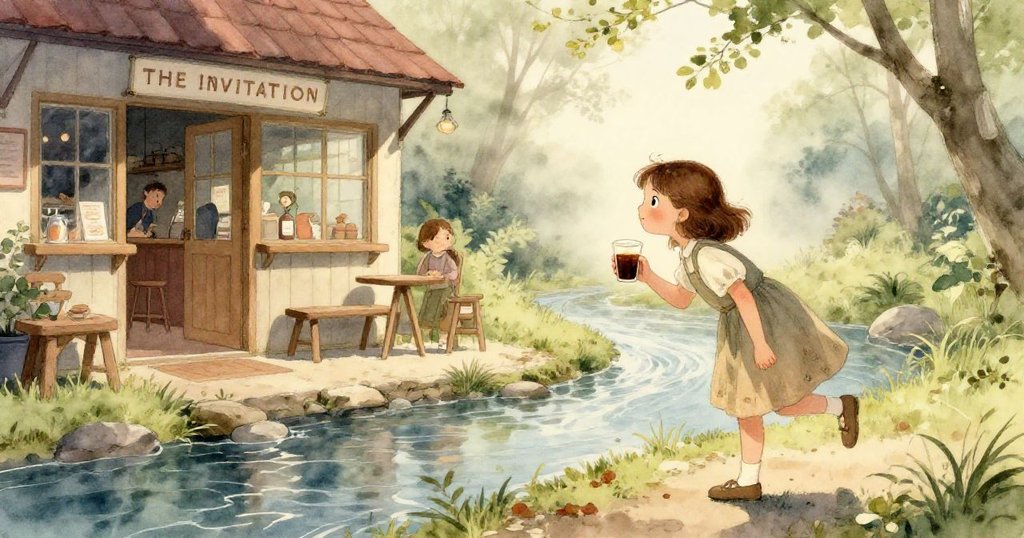 Girl gazing at cozy coffee shop by a clear stream - watercolor opening scene