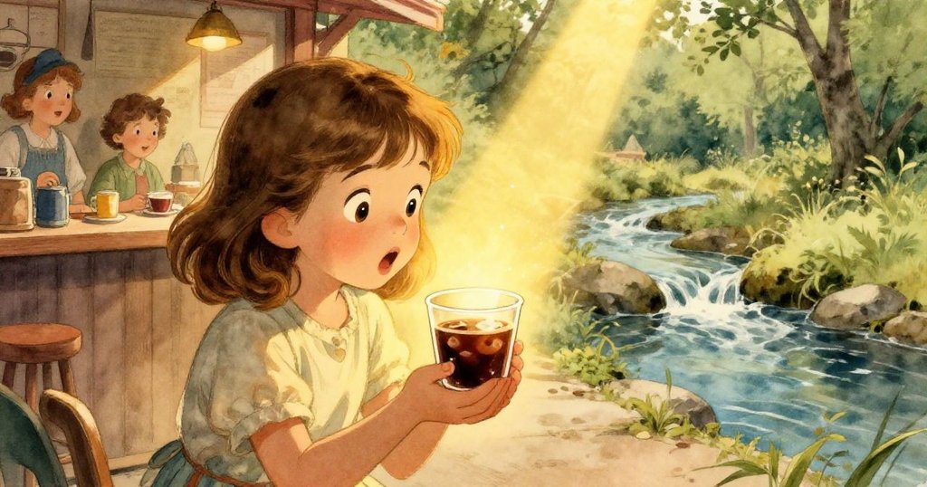 Girl holding cup of cold brew coffee with golden light - close-up discovery