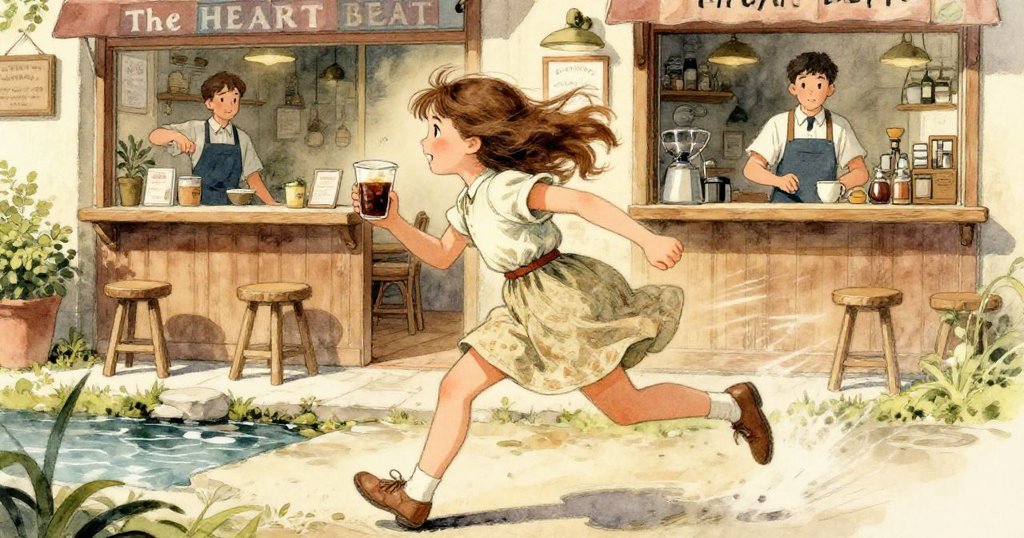 Girl talking with café owner inside cozy coffee shop - dynamic watercolor illustration