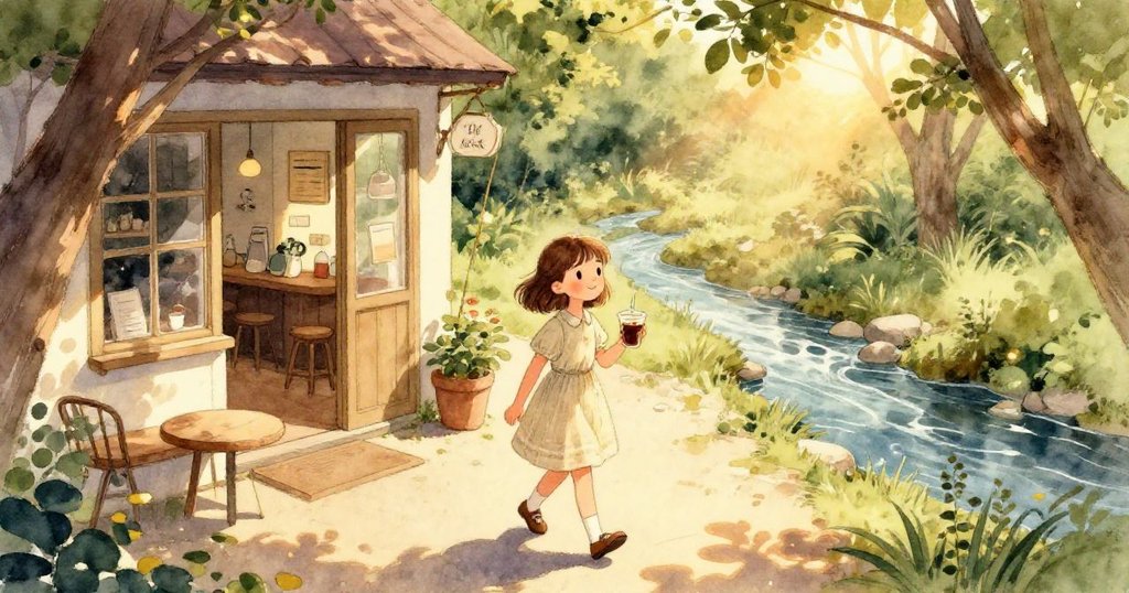 Girl walking away from coffee shop in sunlight - warm closing scene