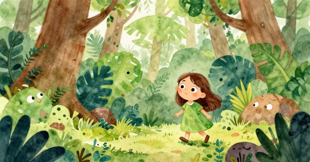 Mia wandering through the lush Amazon rainforest - vibrant watercolor illustration