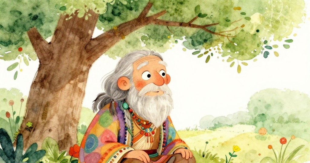 The wise shaman sitting under a giant kapok tree - peaceful close-up illustration