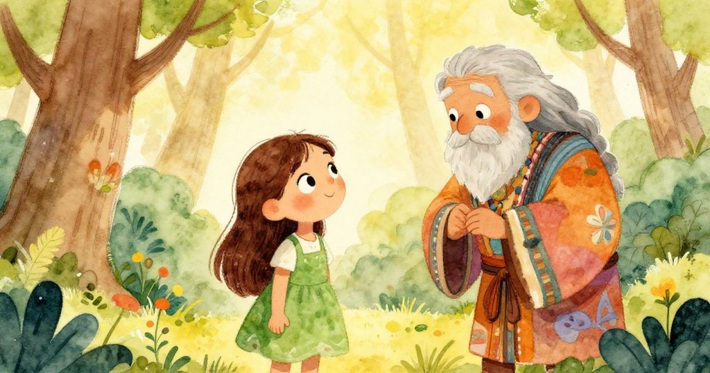 Mia listening to the shaman's stories in the rainforest - warm watercolor illustration