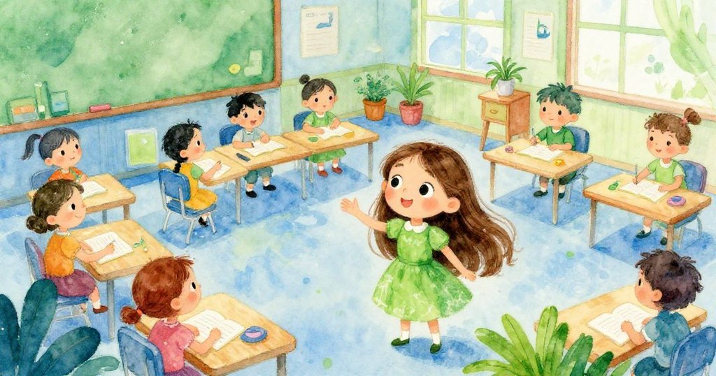 Mia teaching her classmates about the Amazon rainforest - vibrant classroom illustration