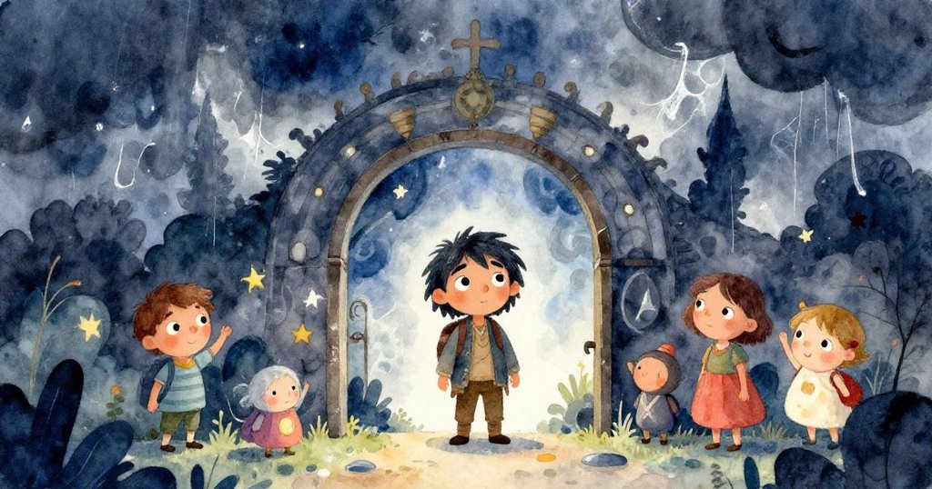 Traveler seeking refuge at the sanctuary during a storm - dramatic illustration