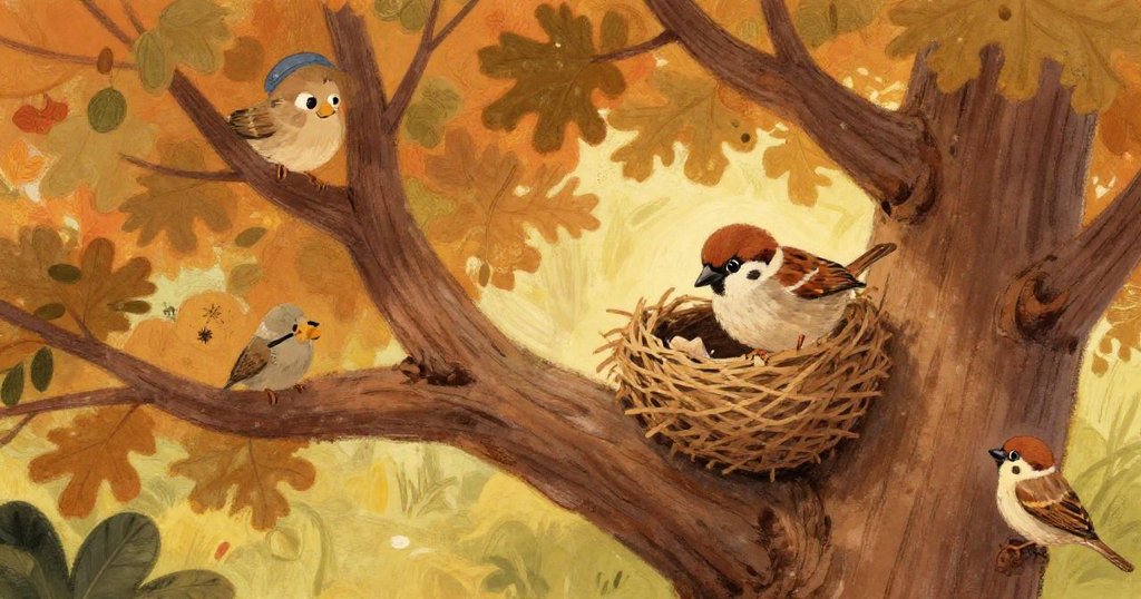 Sora the sparrow tending to her nest in a cozy oak tree