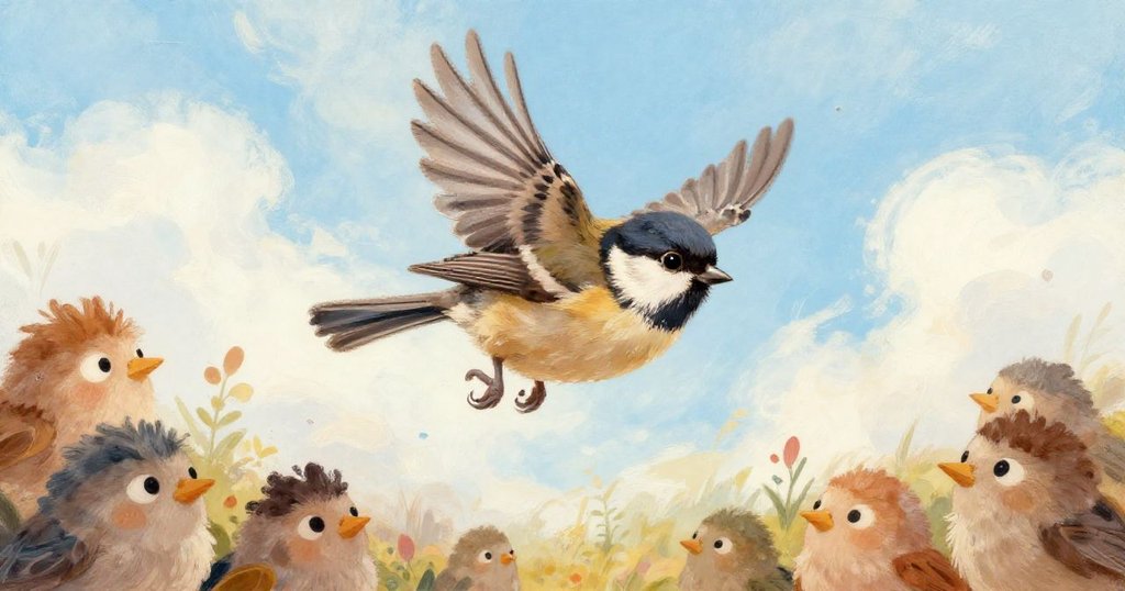 Pip the fledgling sparrow soaring through the sky with joy