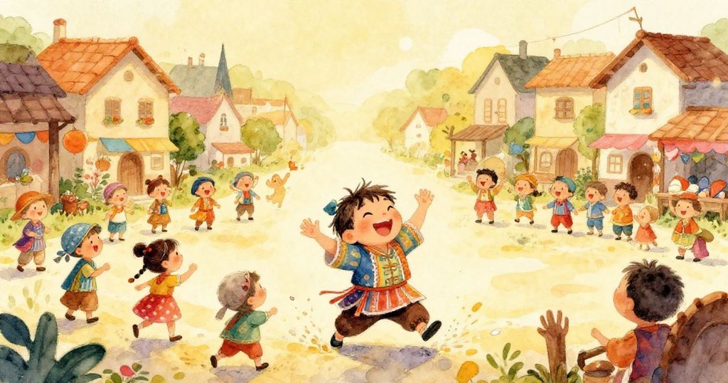 Villagers buzzing with excitement in festive village square - whimsical watercolor illustration