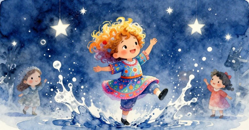 Child dancing joyfully under a starry sky - magical digital painting