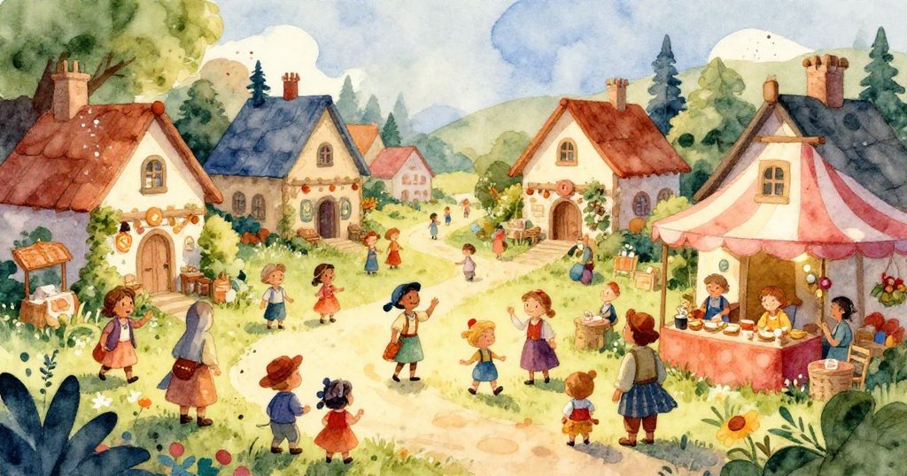 Phoenix firework soaring in the night sky as villagers cheer - whimsical illustration