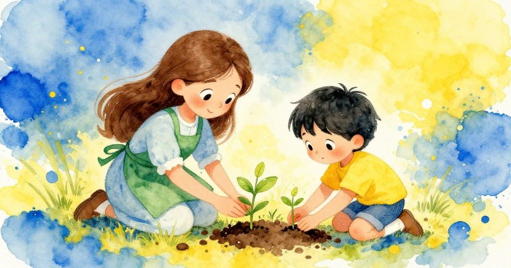 Elara and Lian joyfully planting seeds in the nursery