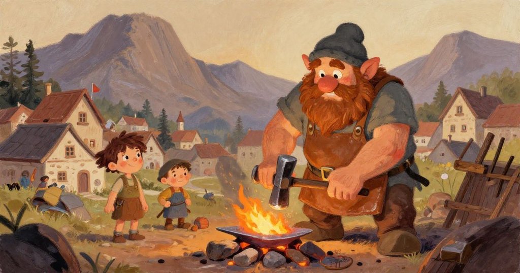 Grumpy dwarf Thrain hammering metal in his village forge