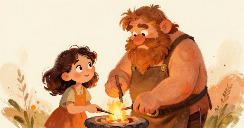 Thrain joyfully teaching the girl how to forge in his workshop