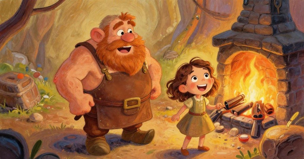 Thrain and the girl laughing together in a vibrant, creative forge