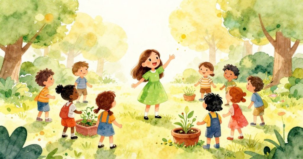 Mia enthusiastically presenting her community garden idea to friends