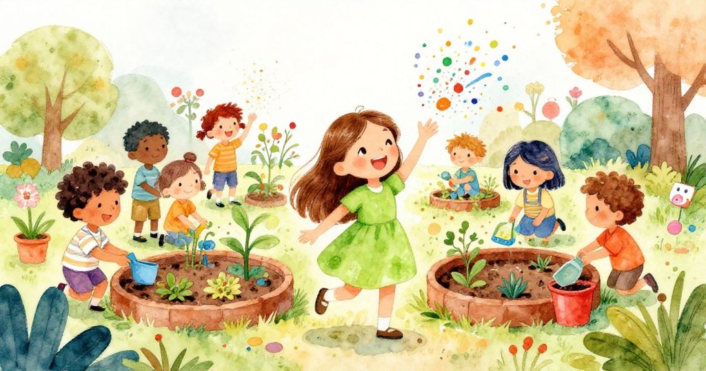 Mia and friends joyfully working together in a flourishing community garden