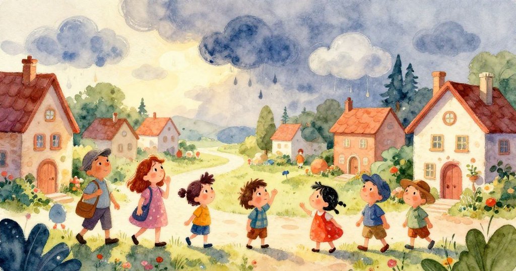 Puzzled townspeople looking at the summer sky - whimsical watercolor illustration
