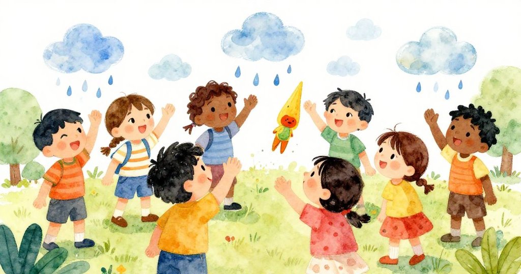 Students excitedly discussing weather patterns - mid shot watercolor illustration