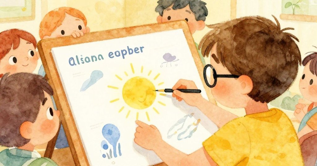 Student concentrating on a weather chart in a classroom - close-up watercolor illustration