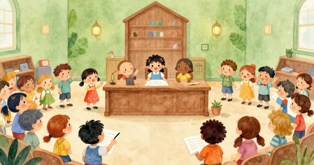 Students presenting weather findings to town officials - wide watercolor illustration