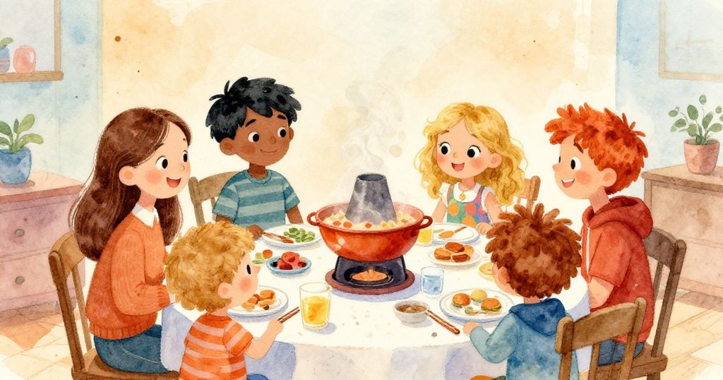 Group of friends gathered around a hot pot dinner in a cozy home